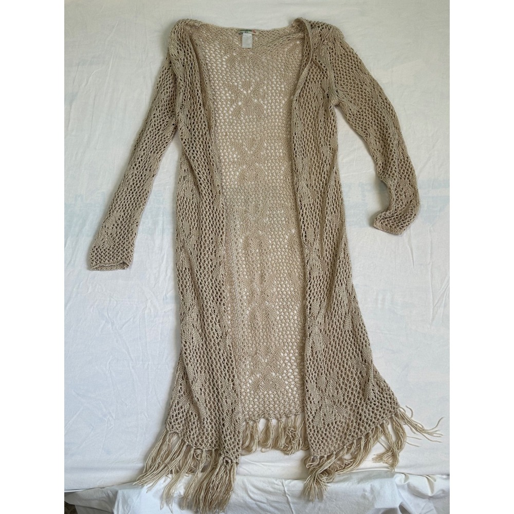 Vivid Collection of NY Tan Crochet Knit Fringe Longline Cardigan Open Front S/M